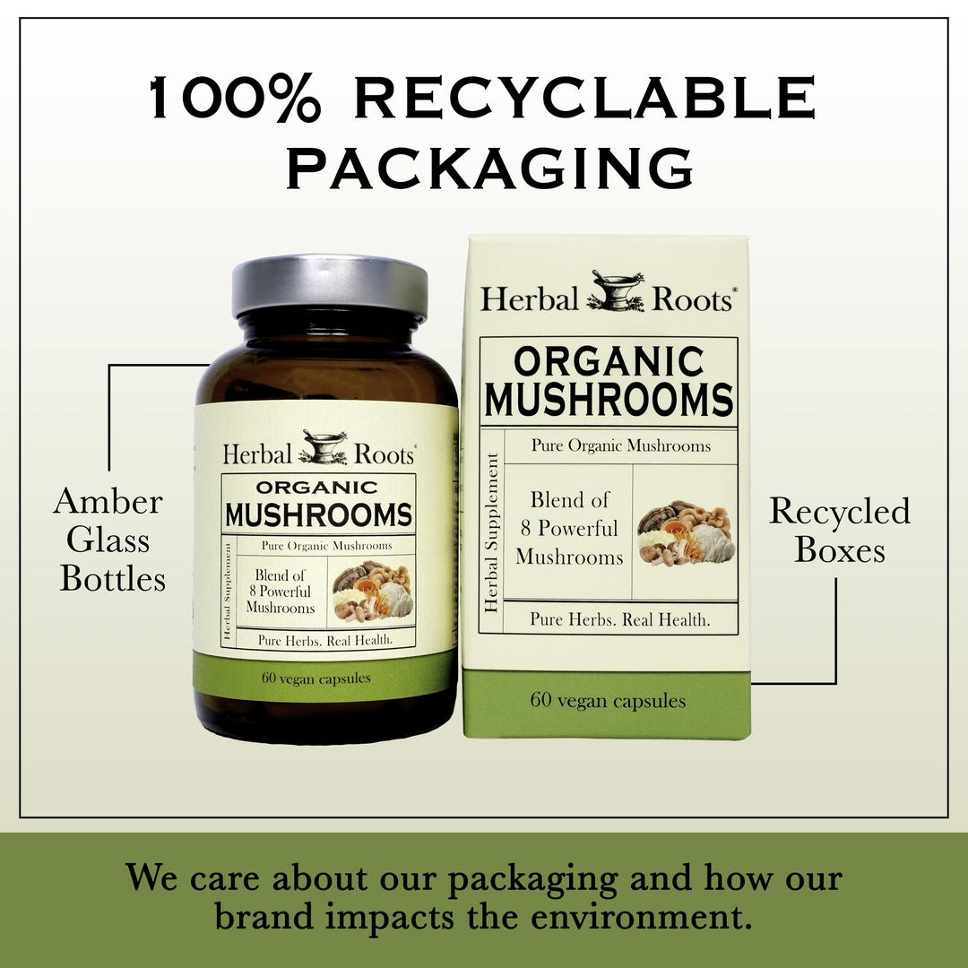 Bottle and box of Herbal Roots Organic Mushrooms next to each other. Under the bottle and box says We care about our packaging and how our brand impacts the environment. There is a line coming from the left of the bottle that says Amber glass bottles. There is a line coming from the left of the box that says recycled boxes.