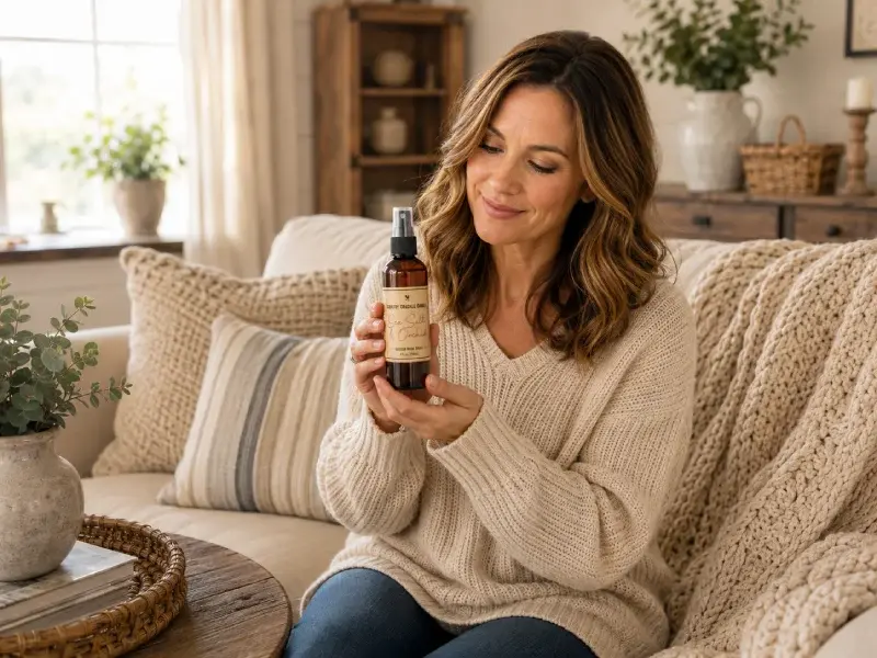 woman holding scented room spray country crackle candle