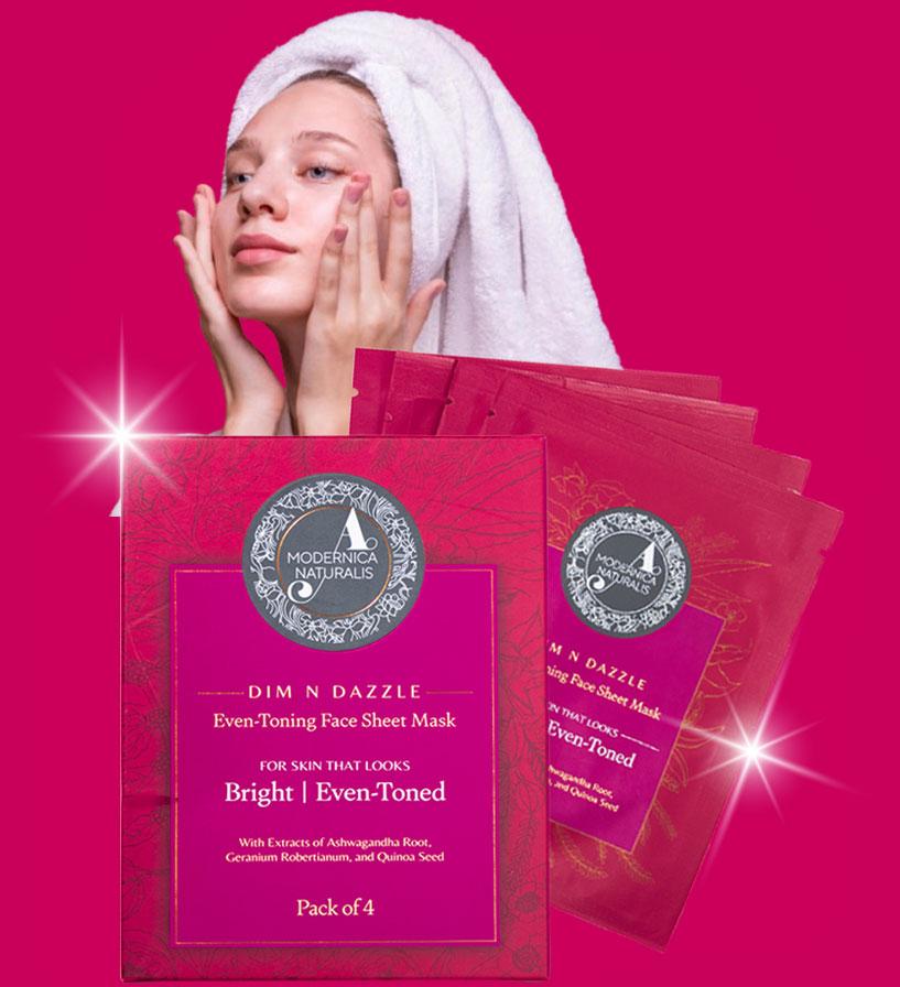 a pack of Dim N Dazzle sheet and a image of glowing skin of woman