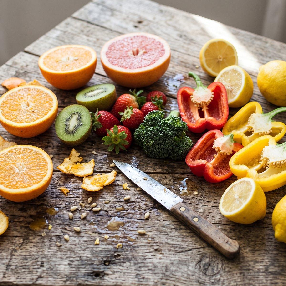 Halved oranges, grapefruit, kiwi, strawberries, broccoli and bell peppers on a wooden table