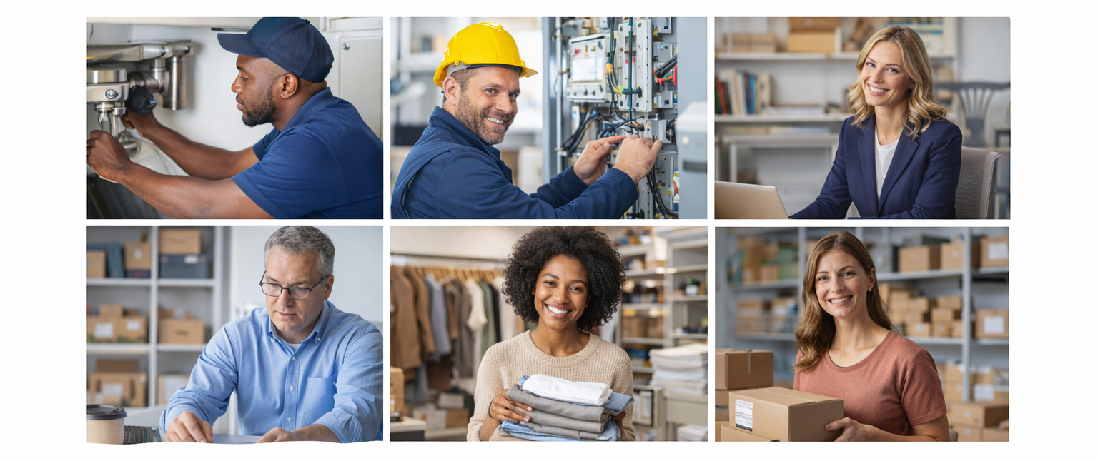 collage showing four types of businesses this service supports: a service provider working with a client, a local contractor reviewing plans, an e-commerce brand owner presenting a product for online sales, and a creator or expert consulting on a laptop, illustrating who benefits from improved visibility and being found and chosen by both customers and AI systems.