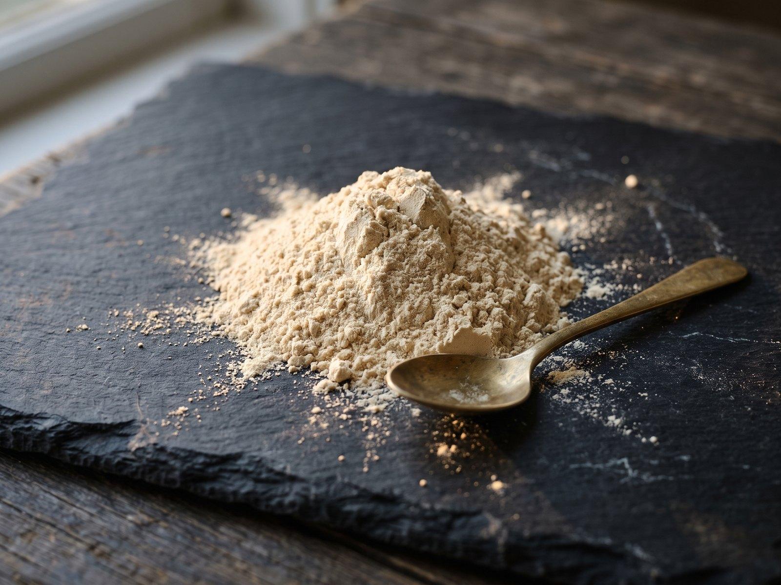 White ginseng powder on a slate board with a brass spoon