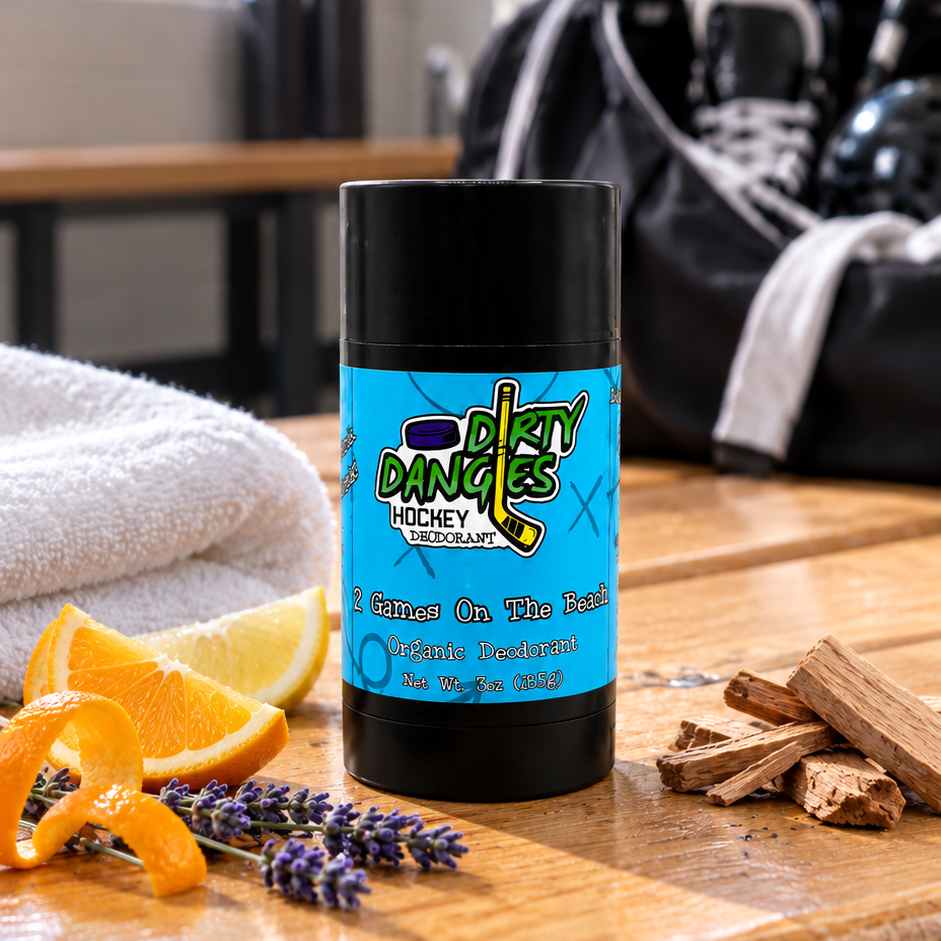 aluminum-free deodorant 2 games on the beach scent on a bench in a hockey locker room with citrus, lavender and sandalwood.