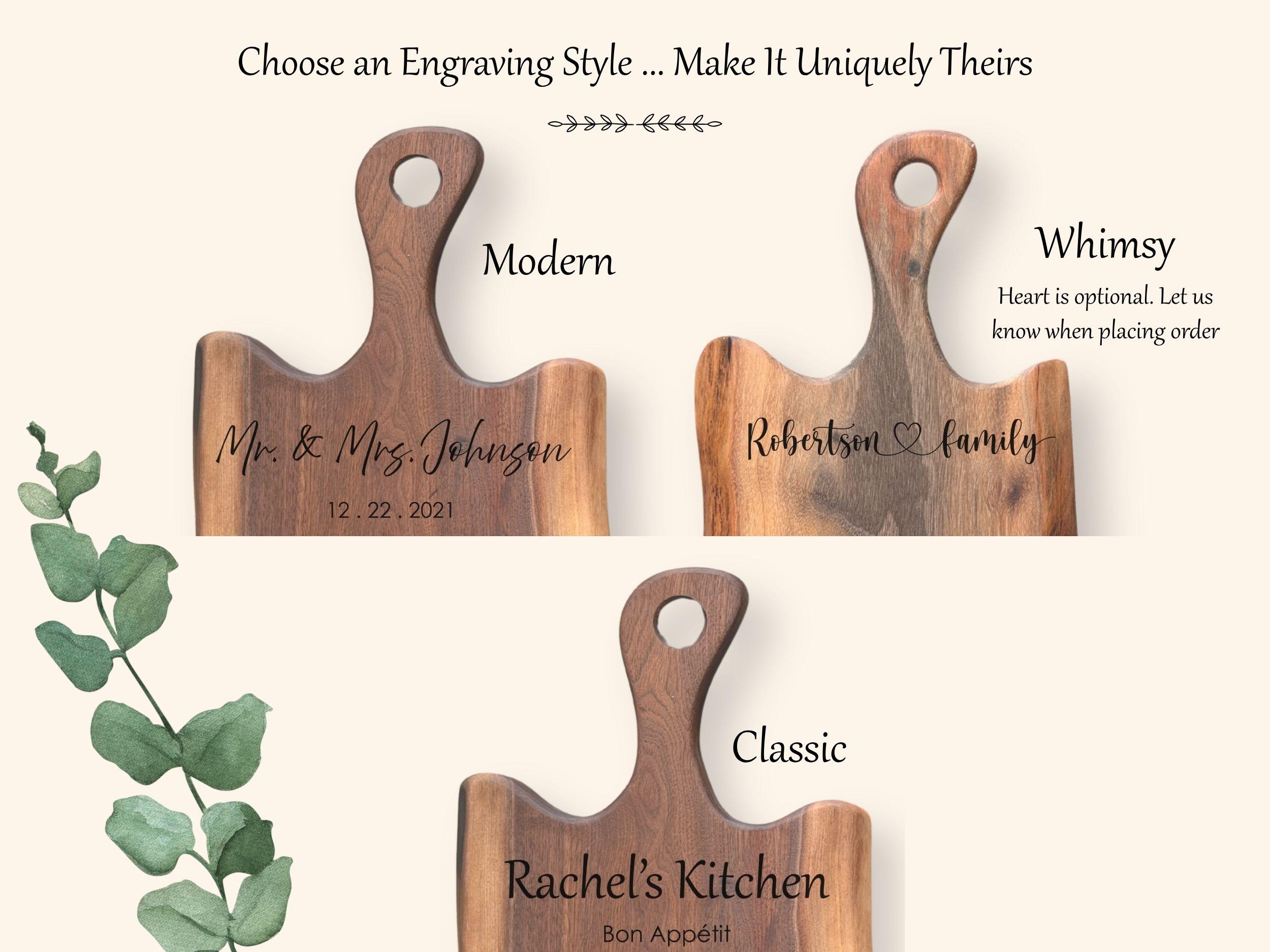 Three engraving style options for personalized live edge walnut charcuterie boards