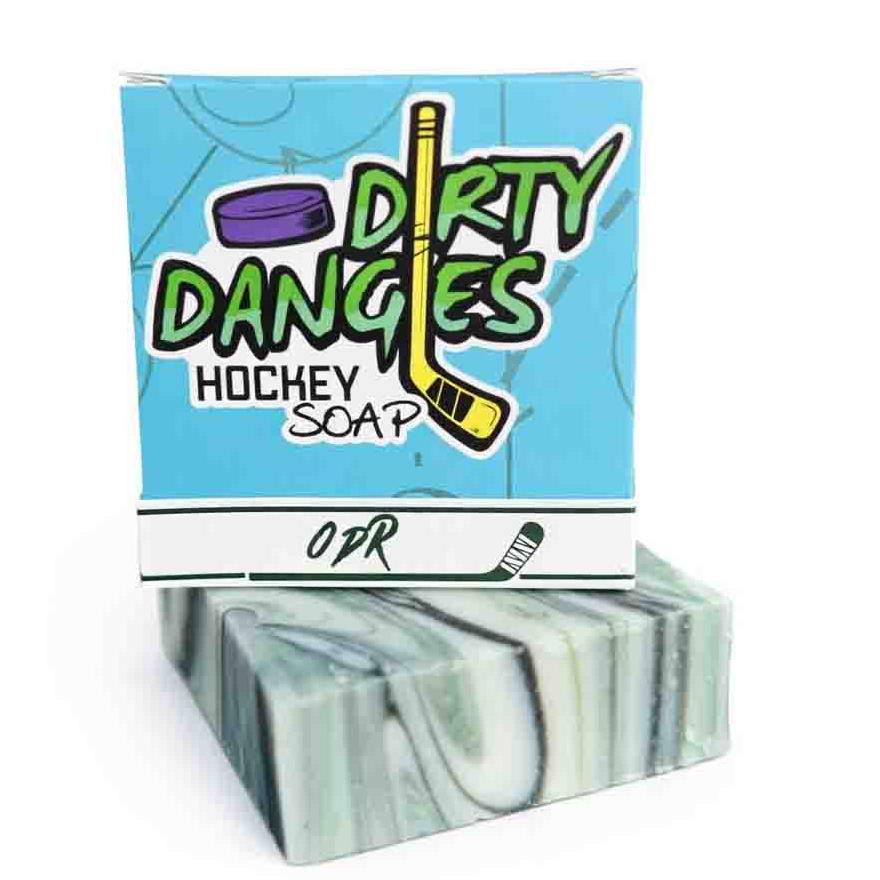 Dirty Dangles ODR hockey soap bar with product box on a white background.