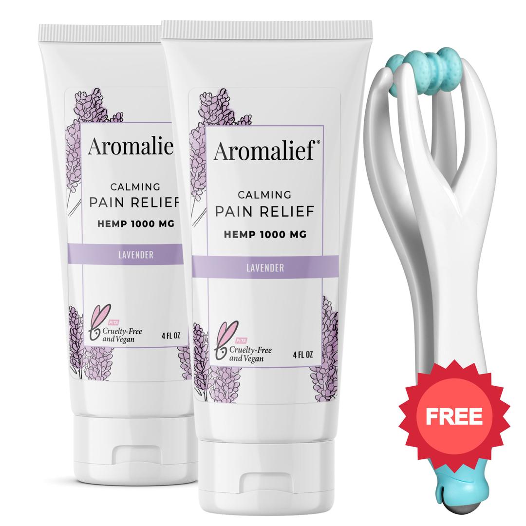 Aromalief lavender pain relief cream for neuropathy and fibromyalgia with finger massager