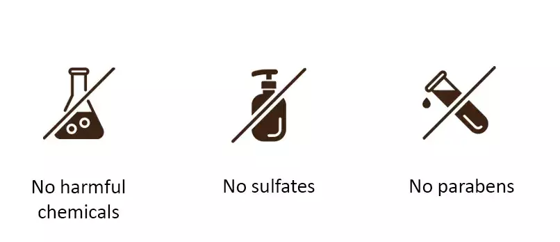 no harmful chemicals, no sulfates, no parabens, not tested on animasl, no additives or dyes icons