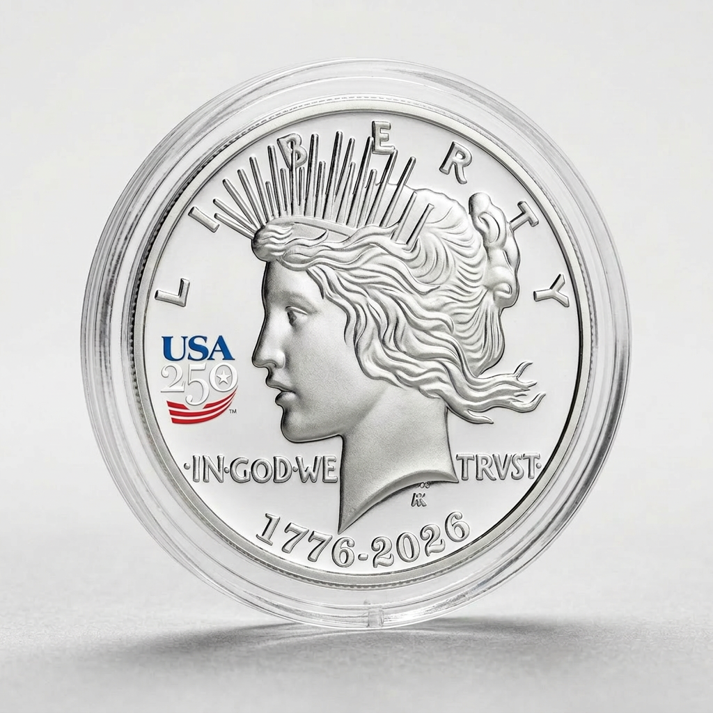 America's 250th Anniversary Peace Dollar nickel silver proof coin featuring Liberty and eagle designs, with a certificate ...