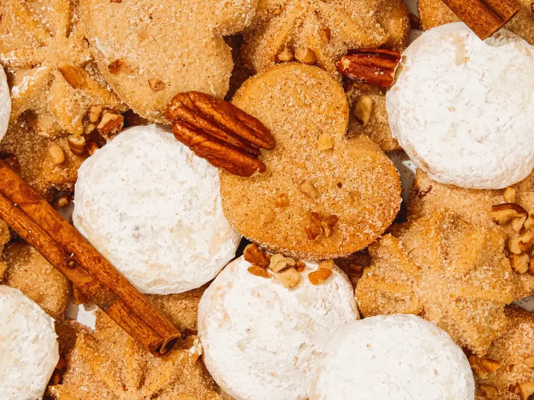 close up of mexican cookies with pecan and cinnamon