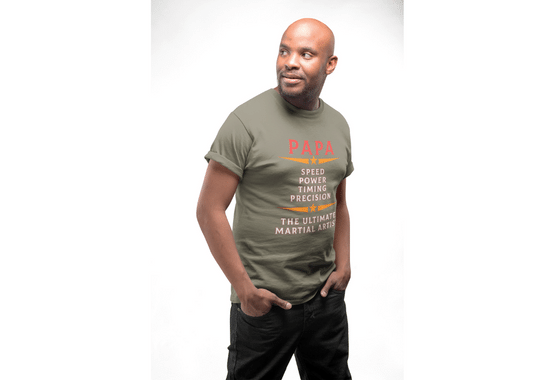 martial arts shirt, father shirt, dad t shirt, ultimate martial arts papa t shirt, heather olive color t shirt, mma t shirts, fighter t shirt, bjj t shirt, taekwondo t shirt, boxing t shirt, men t shirt