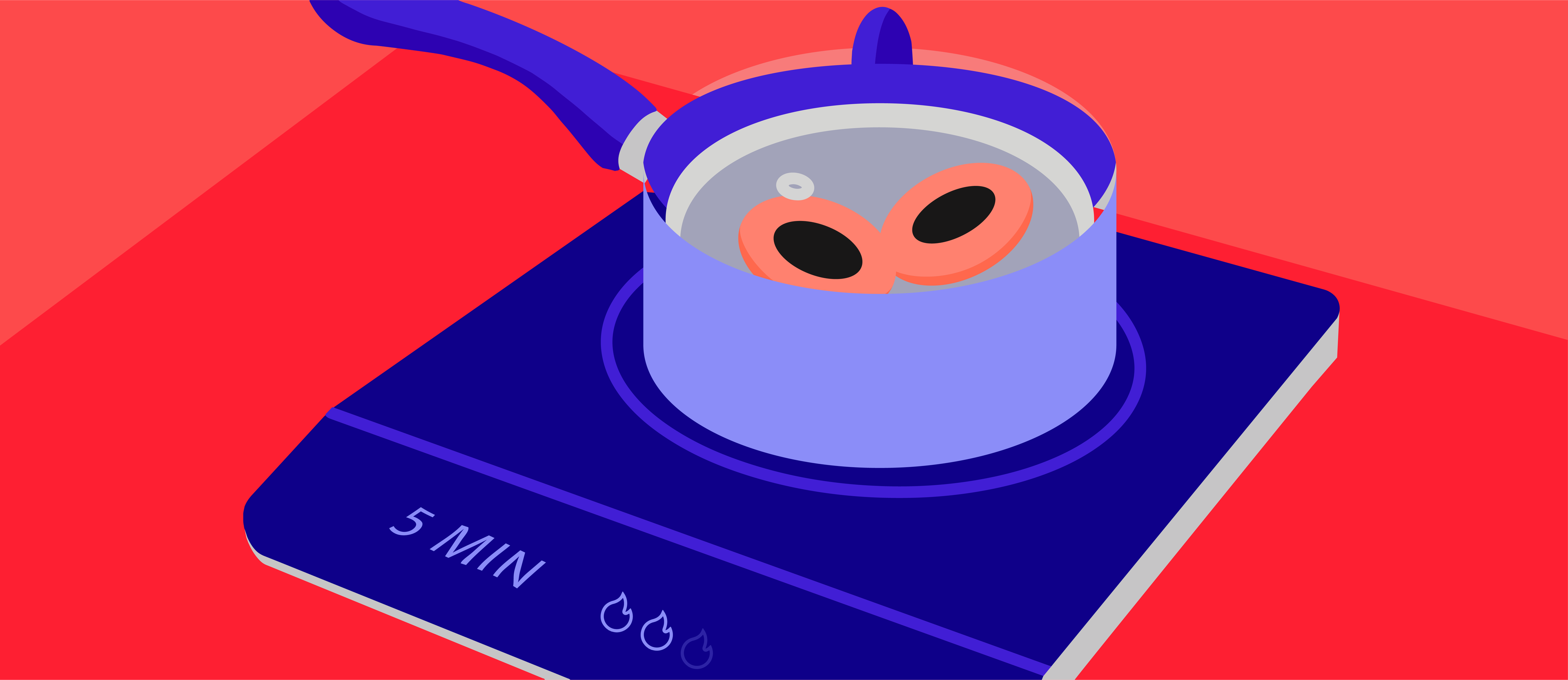 Two orange steam eye cups inside a bowl, which is inside a cooking pot on top of an induction stove with the timer set to 5 minutes.