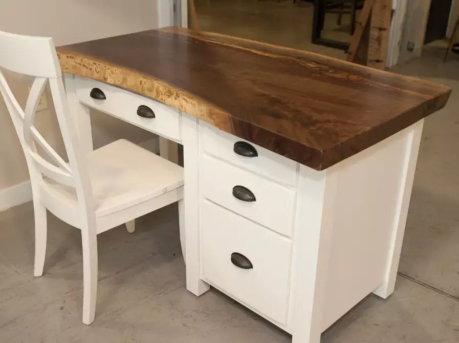 farmhouse style desk with white base and drawers