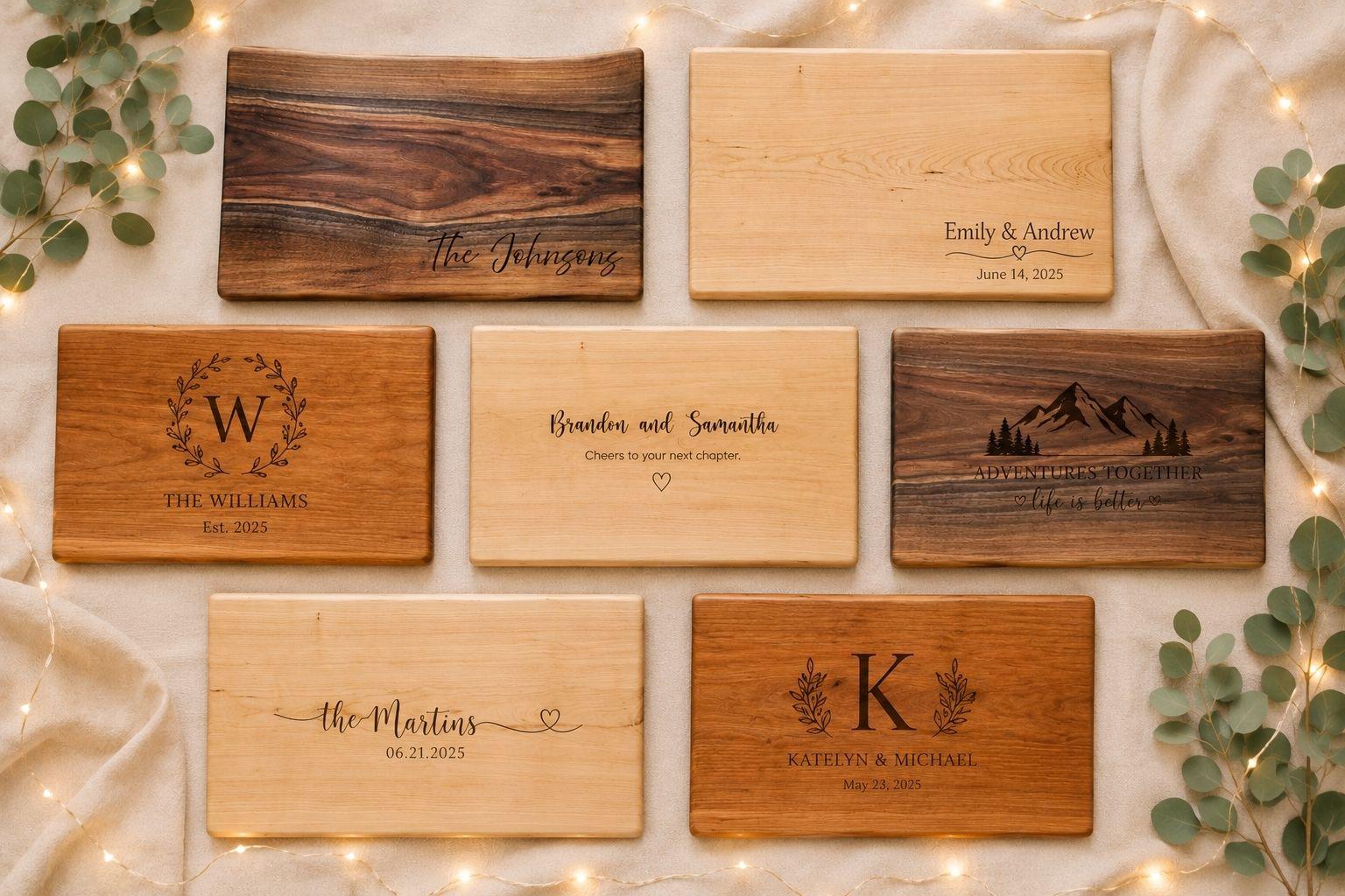 Custom wedding gift engraving ideas including family names, quotes, handwritten messages, and artwork.