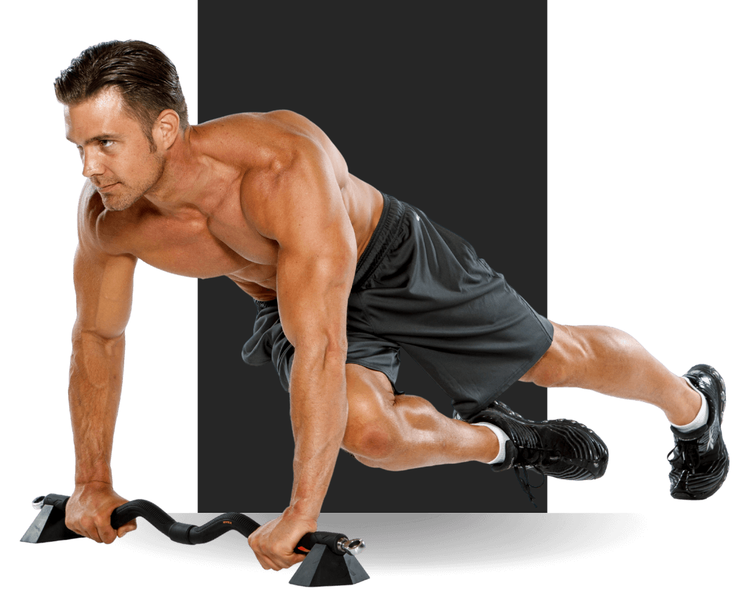 Man using xbar resistance band set up over his shoulder