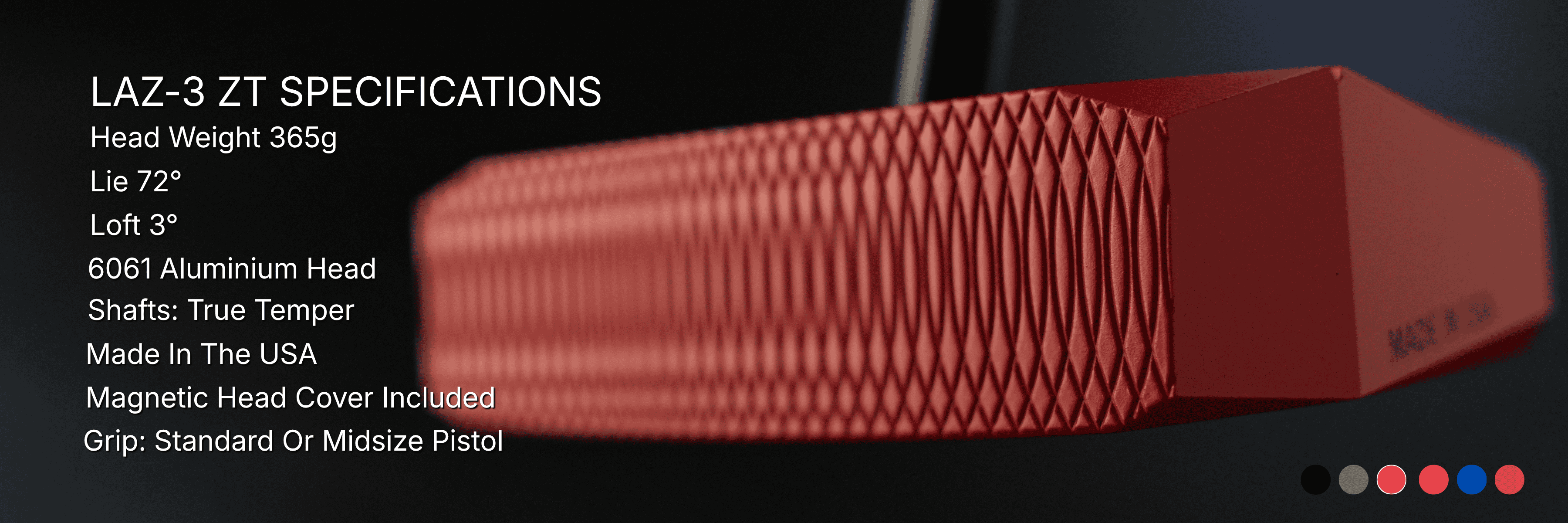 Specifications chart for Lazrus LAZ3 zero torque mallet putter including loft, lie, length and head weight