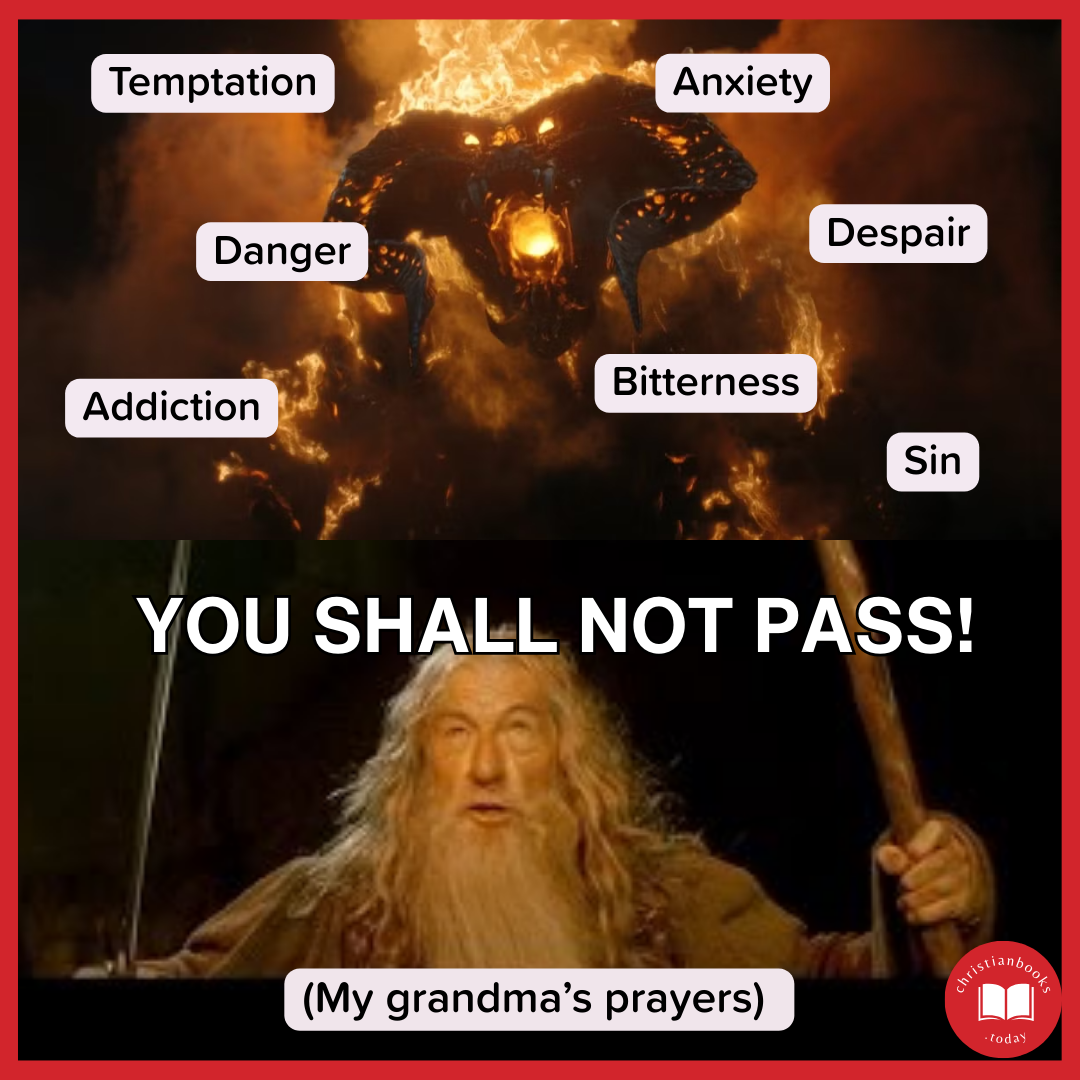 Balrog with multiple labels like temptation, Anger, despair, sin, bitterness, danger, addiction. Below him Gandalf (labeled “My praying grandma") shouts, "You shall not pass!"
