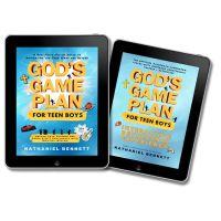 Two black tablets displaying God's Game Plan for Teen Boys and Interactive Devotional Experience by Nathaniel Bennett.