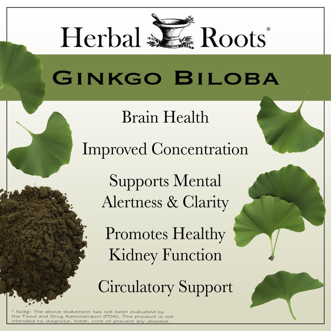 Gingko biloba leaves and a pile of powder with text that says Ginkgo Biloba- Brain Health, Improved Concentration, Support Mental Alertness and Clarity, Promotes Healthy Kidney Function and Circulatory Support."