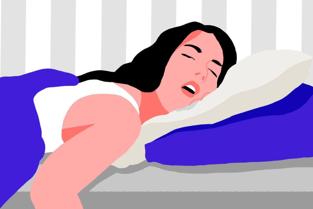 A girl sleeping in the prone position with her mouth open, drooling in her sleep.