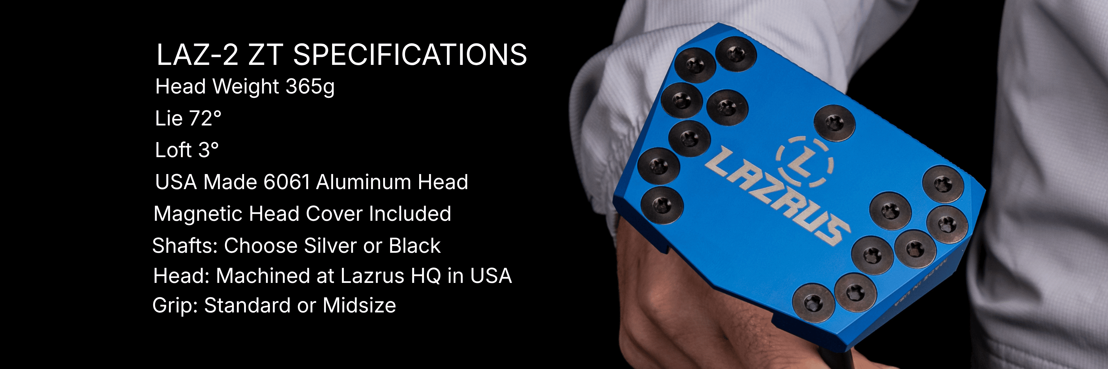 Specifications chart for Lazrus LAZ2 zero torque mallet putter including loft, lie, length and head weight