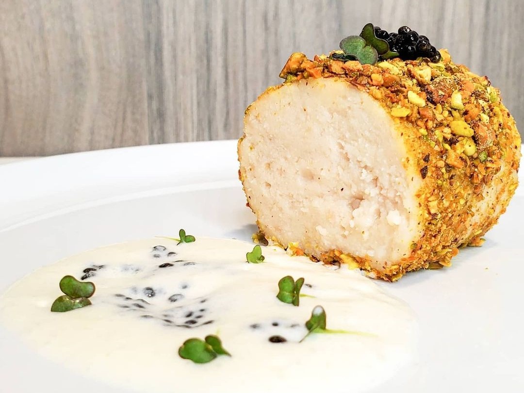 Pistachio Crusted Sturgeon Mousseline + Caviar, Fennel & Cream Foam made by Chef @a_food_dude