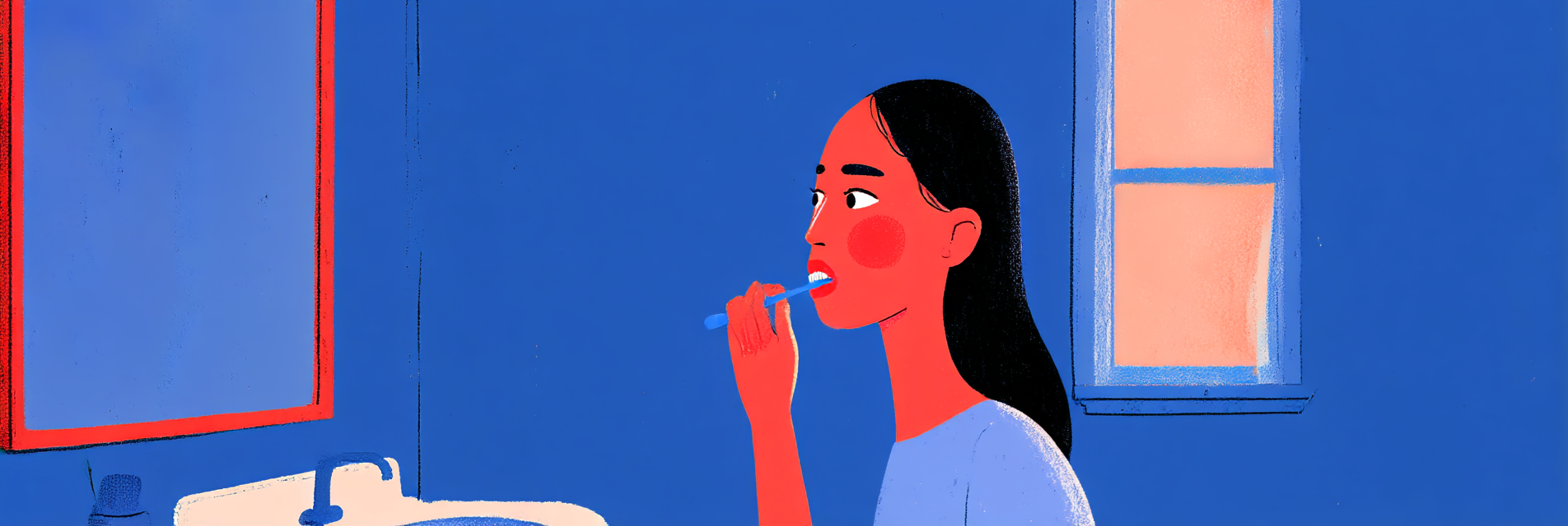 A girl brushing her teeth first thing in the morning in preparation for a day of bed rotting.
