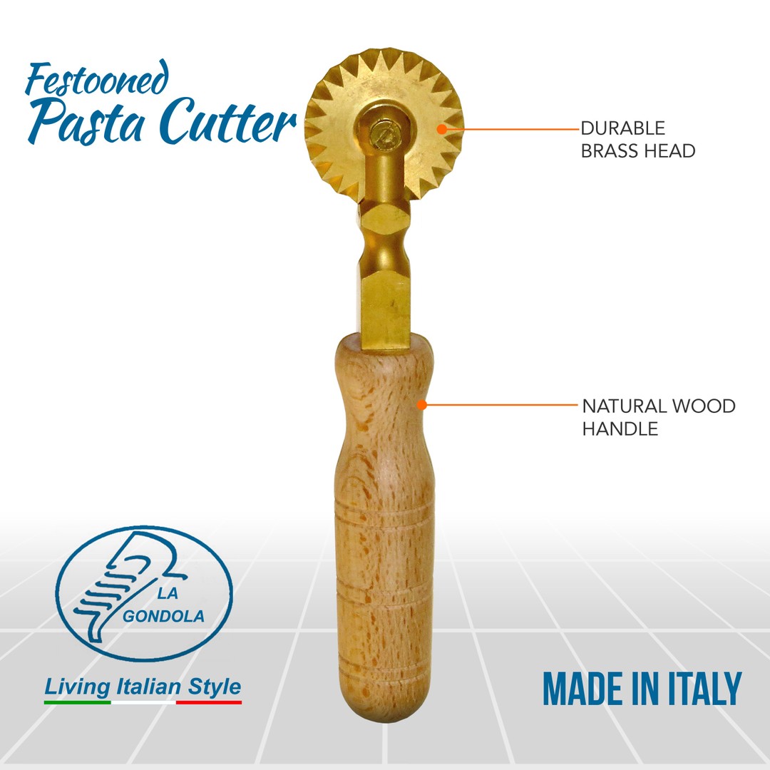 La Gondola Homemade Pasta Cutter - Smooth Wheel | Italian Pasta Making Tool  for Home and Business | Brass & Natural Wood | Safe & Easy to Use Pasta
