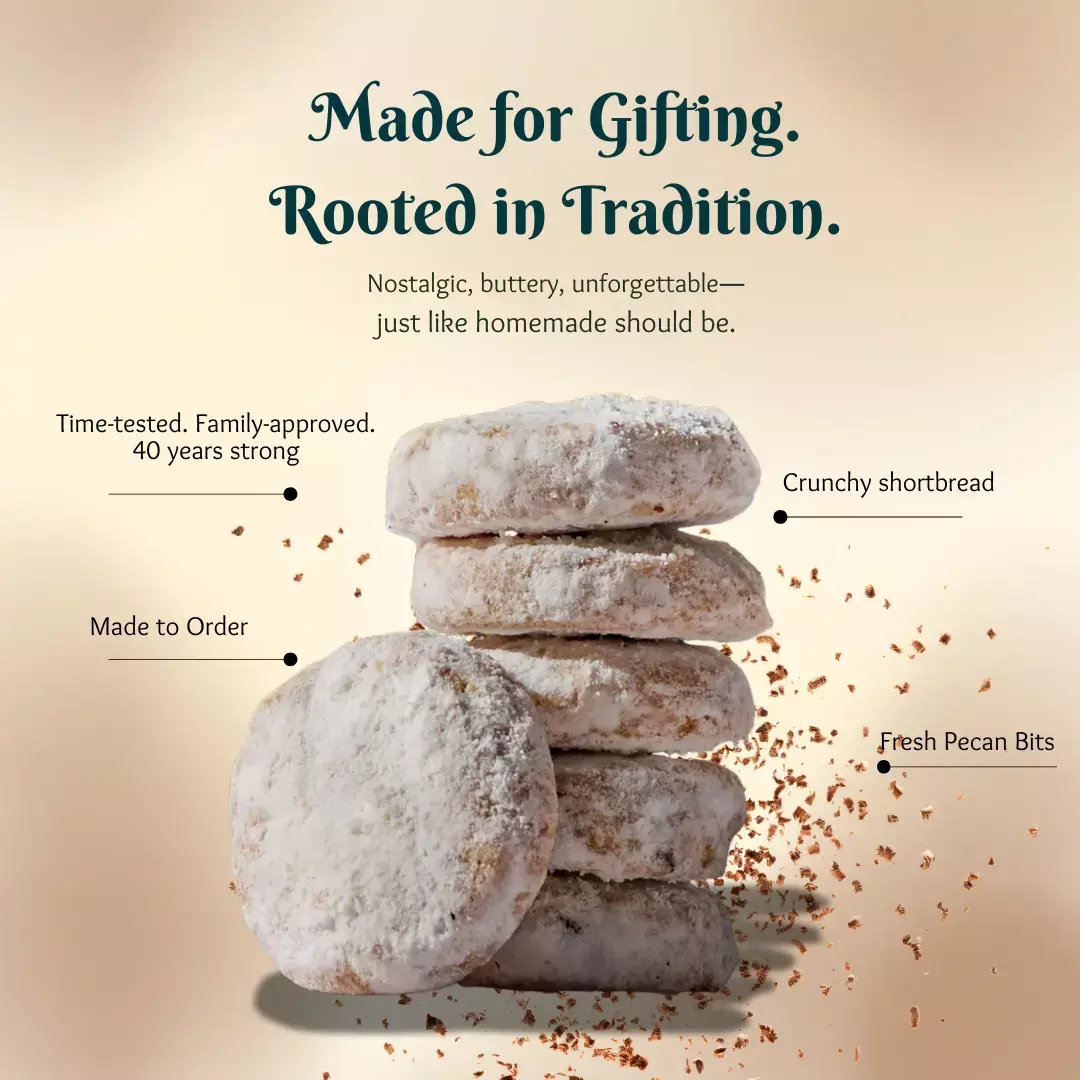 stack of mexican wedding cookies close up with beigh background