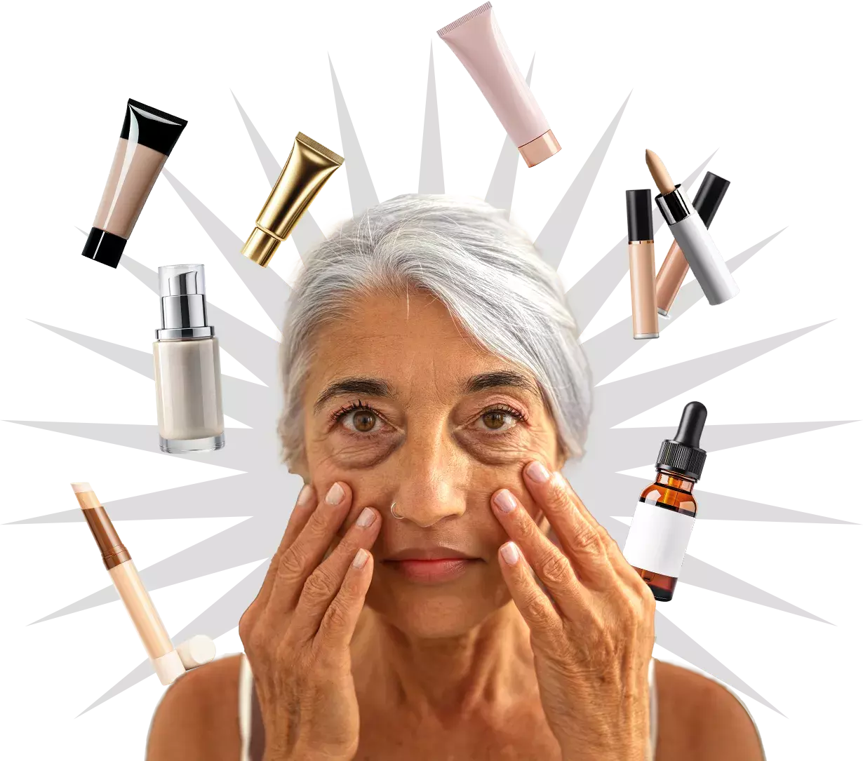 Woman using many products for her under eyes