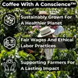 Coffee farmers working in lush coffee fields with icons showing sustainability and ethical sourcing — Lone Wolf Coffee