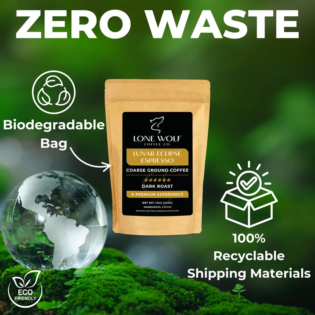 Lone Wolf Coffee Lunar Eclipse Espresso Coarse Ground bag shown with biodegradable packaging and 100% recyclable shipping materials in an eco-friendly setting.