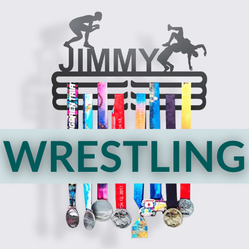 Personalized Wrestling Medal Hanger in matte black steel with a custom name — Athlete's Gift Shop