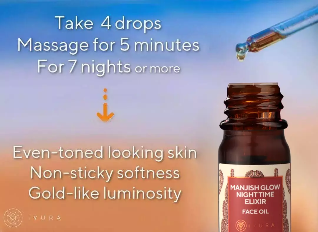 Fresh Drops of iYURA Manjish Glow Elixir with text: Take 4 drops, Massage for 5 minutes, For 7 nights to get Even-toned, spotless looking skin. Non-sticky softness & Gold-like luminosity.