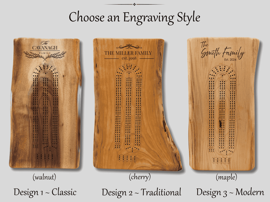 Three engraving style options for personalized live edge walnut charcuterie boards