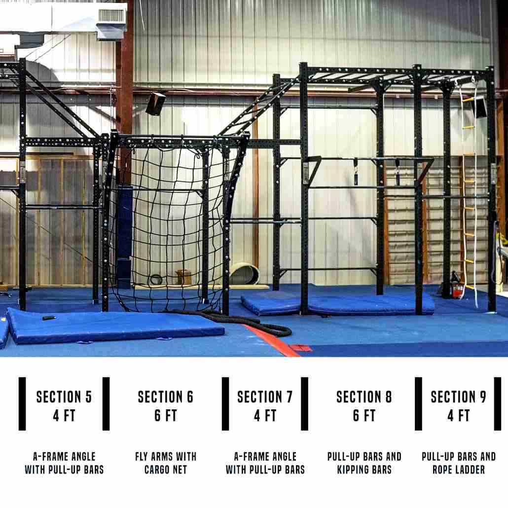 Assassin Ninja Rig module customization with pull-up bars, cargo net, rope ladder, kipping bars and more. Easily change and customize your rig