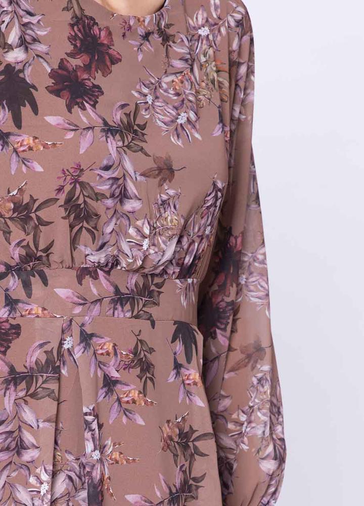 Floral Print Pleat Dress in Camel
