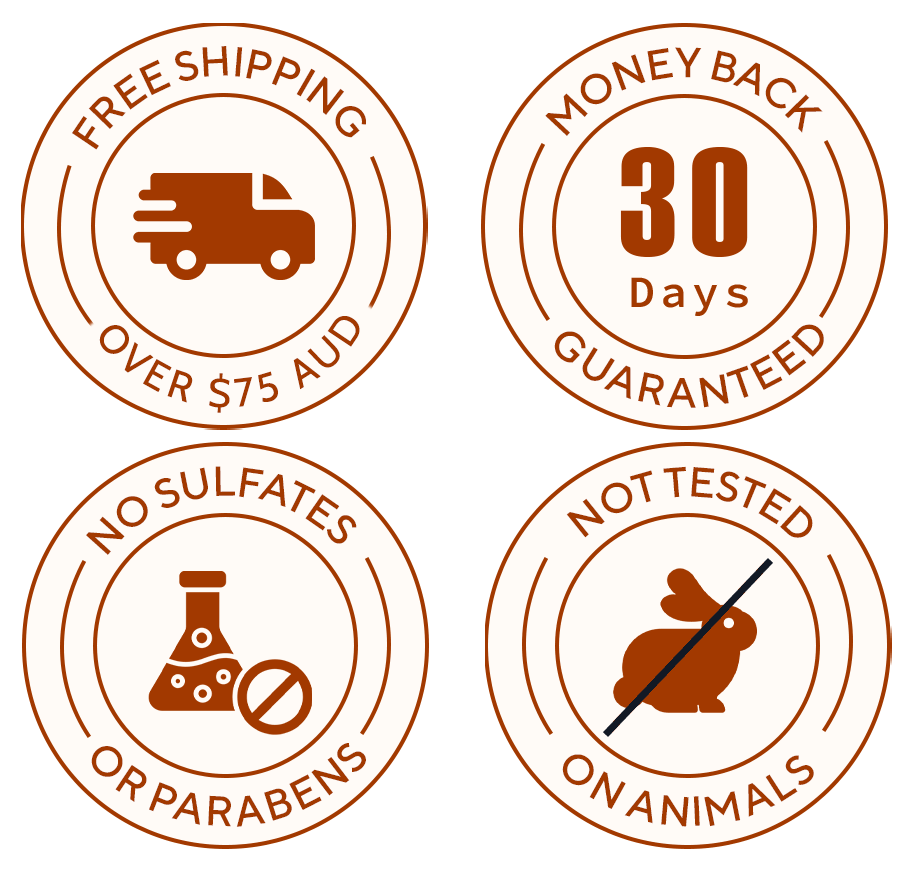 Free shippin gover 75 AUD, Money back guarantee, No additives, Not tested on animals