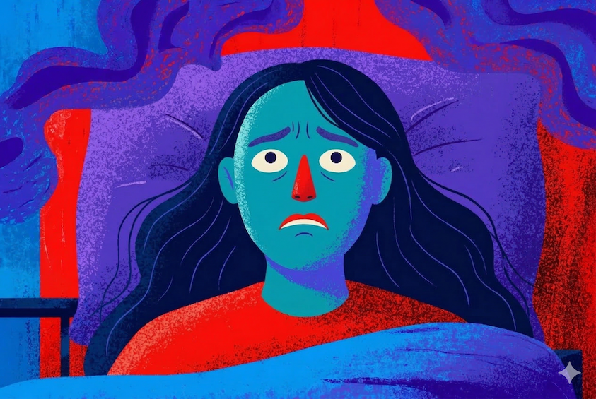 A woman, unable to sleep, is thinking about whether you can die from insomnia.