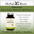 "Herbal Roots Organic Fruiting Bodies Extract" title on top. Bottle of Organic Mushrooms on left with text on right that says "Using the fruiting bodies of the mushroom offers a higher concentration of beneficial compounds, making it more potent and effective. No added fillers, grain or mycelium."