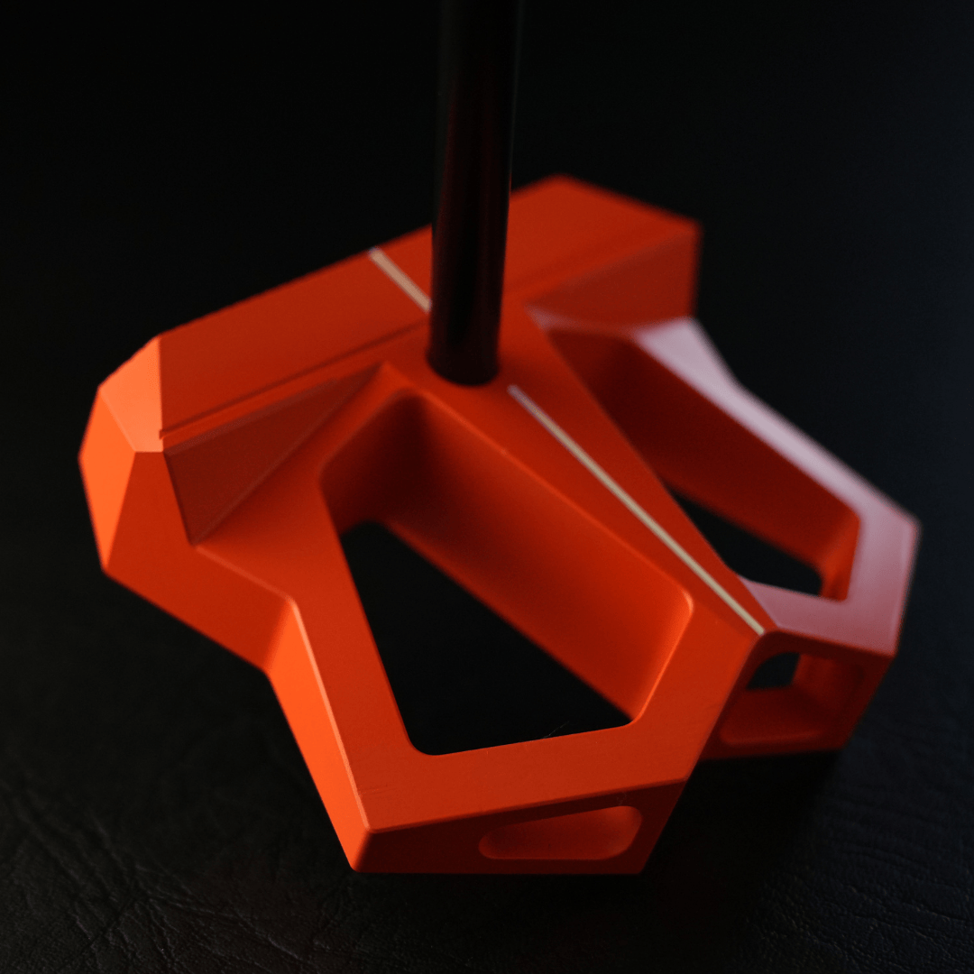 Lazrus LAZ3 zero torque mallet putter in Red finish showing face of club with a close up of the milling and Lazrus logo