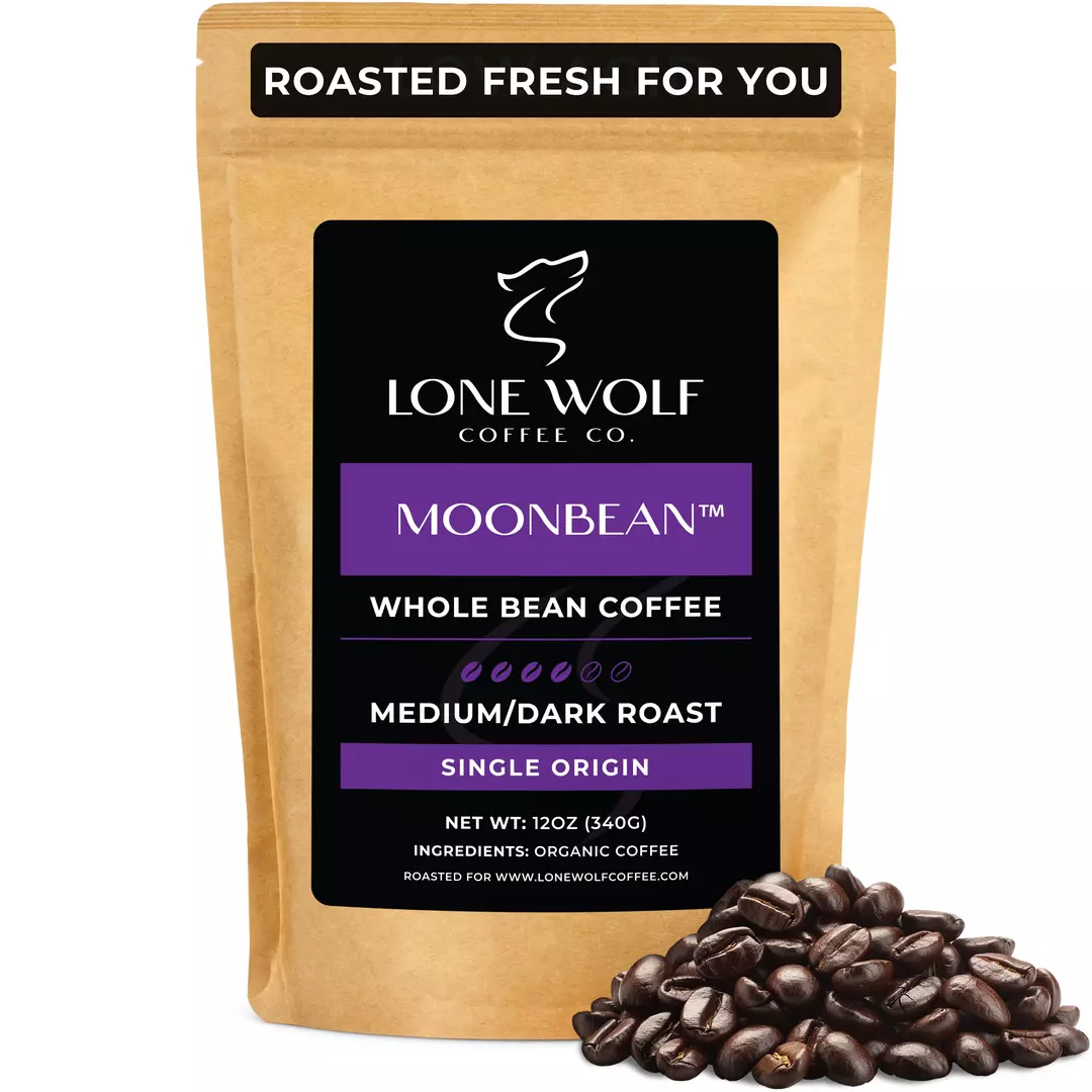One 12oz bag of Lone Wolf Coffee’s Moonbean Medium-Dark Roast Whole Bean coffee bag product photo
