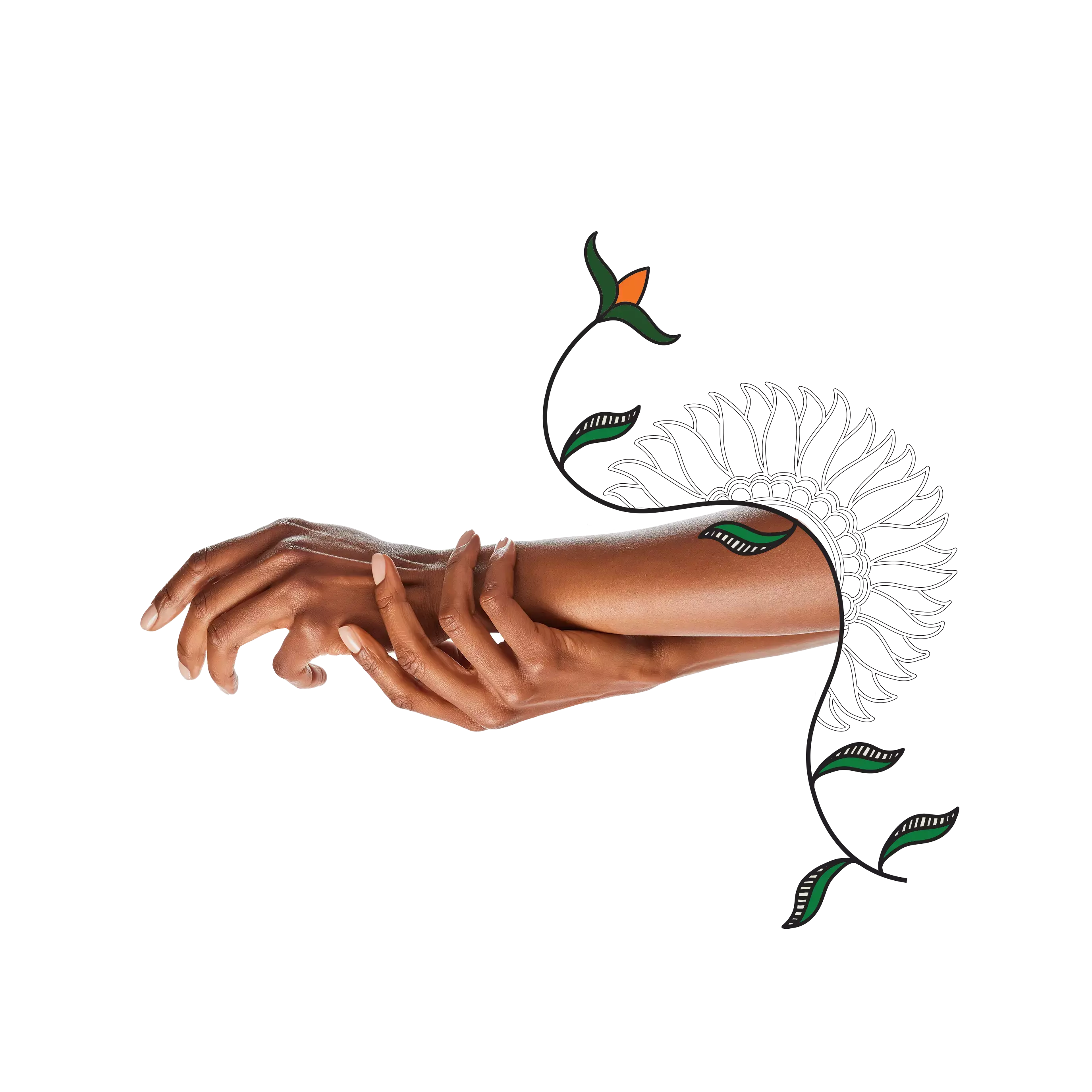 An aesthetic composition of a woman massaging her hands surrounded by floral artwork