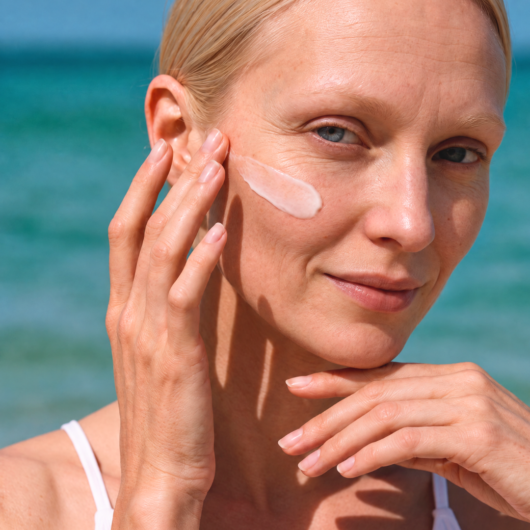 Woman over 40 with a swipe of Eavara PDRN serum on her cheek, beach background