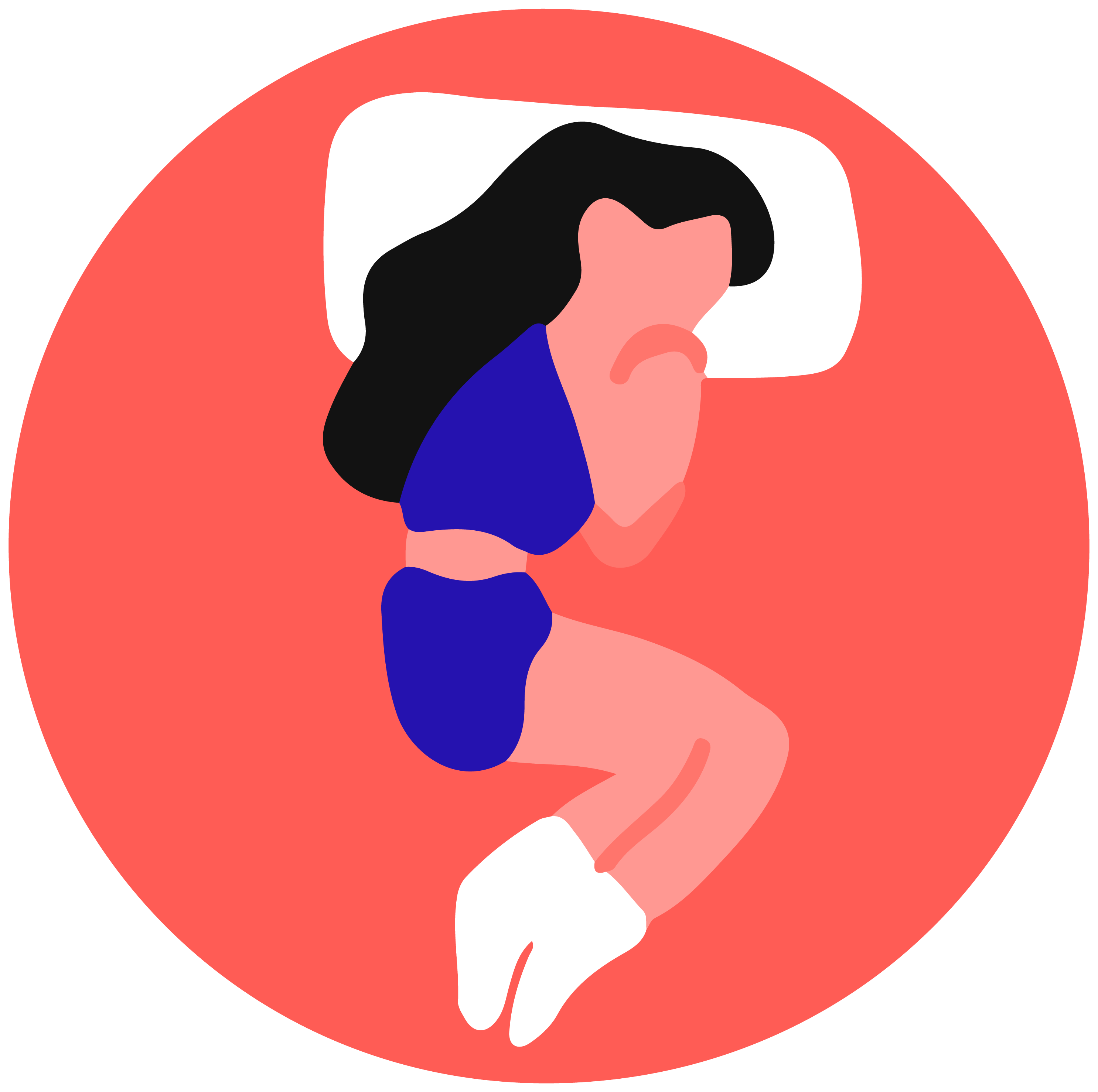 A crescent moon.Fetal position sleeping demonstrated by a female lying on her side with her knees bent to her chest.