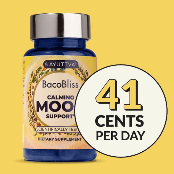 Bottle of BacoBliss Calming Mood Support supplement with a circular label showing “41 cents per day."