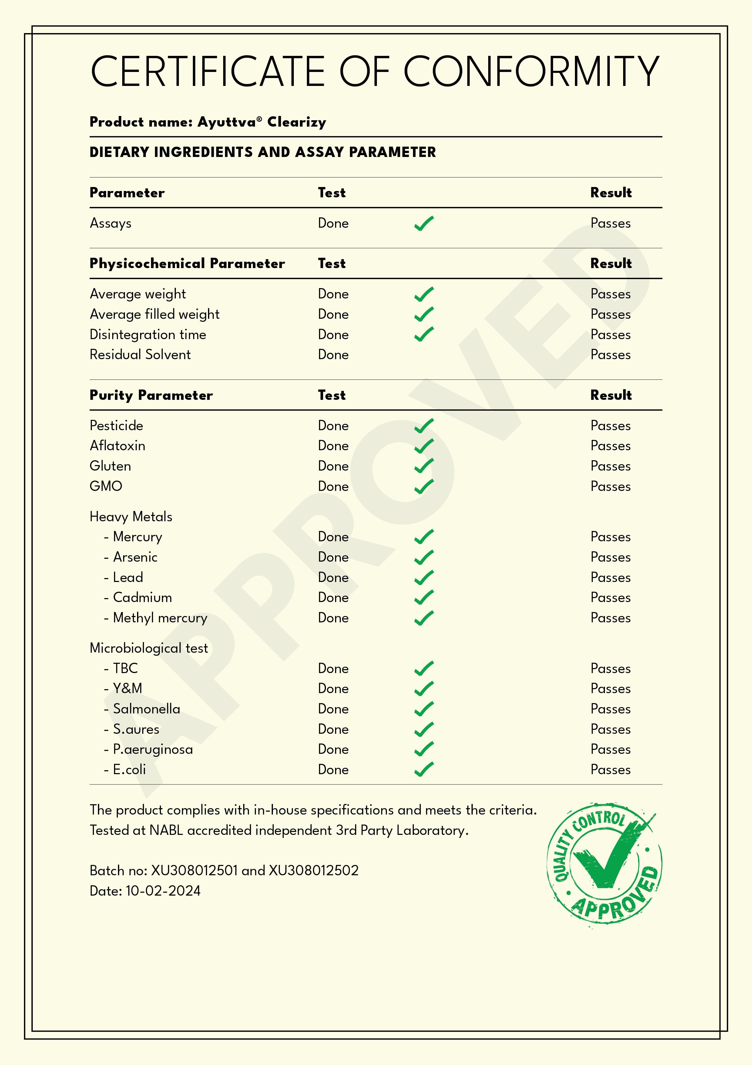 Clearizy's Certificate of Conformity