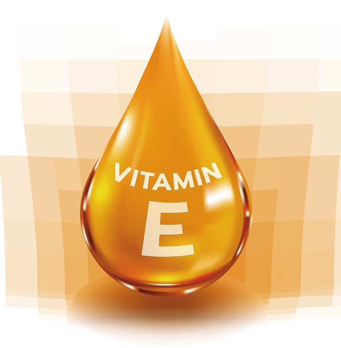 an orange rain drop with the words "Vitamin E" on it and a blocky orange background
