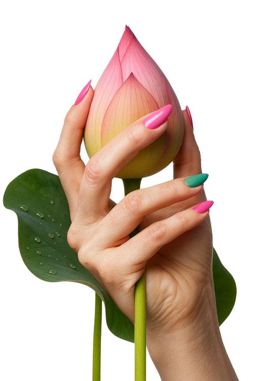 Hand with a lotus flower and leaf
