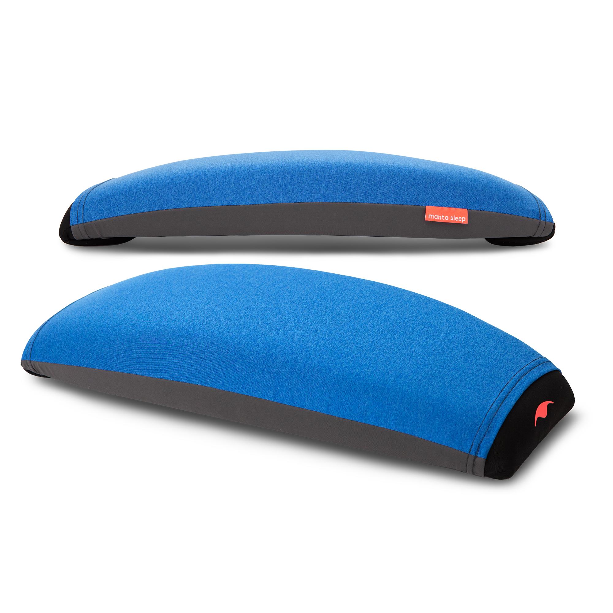 Two blue nap pillows for daily naps laid out flat.