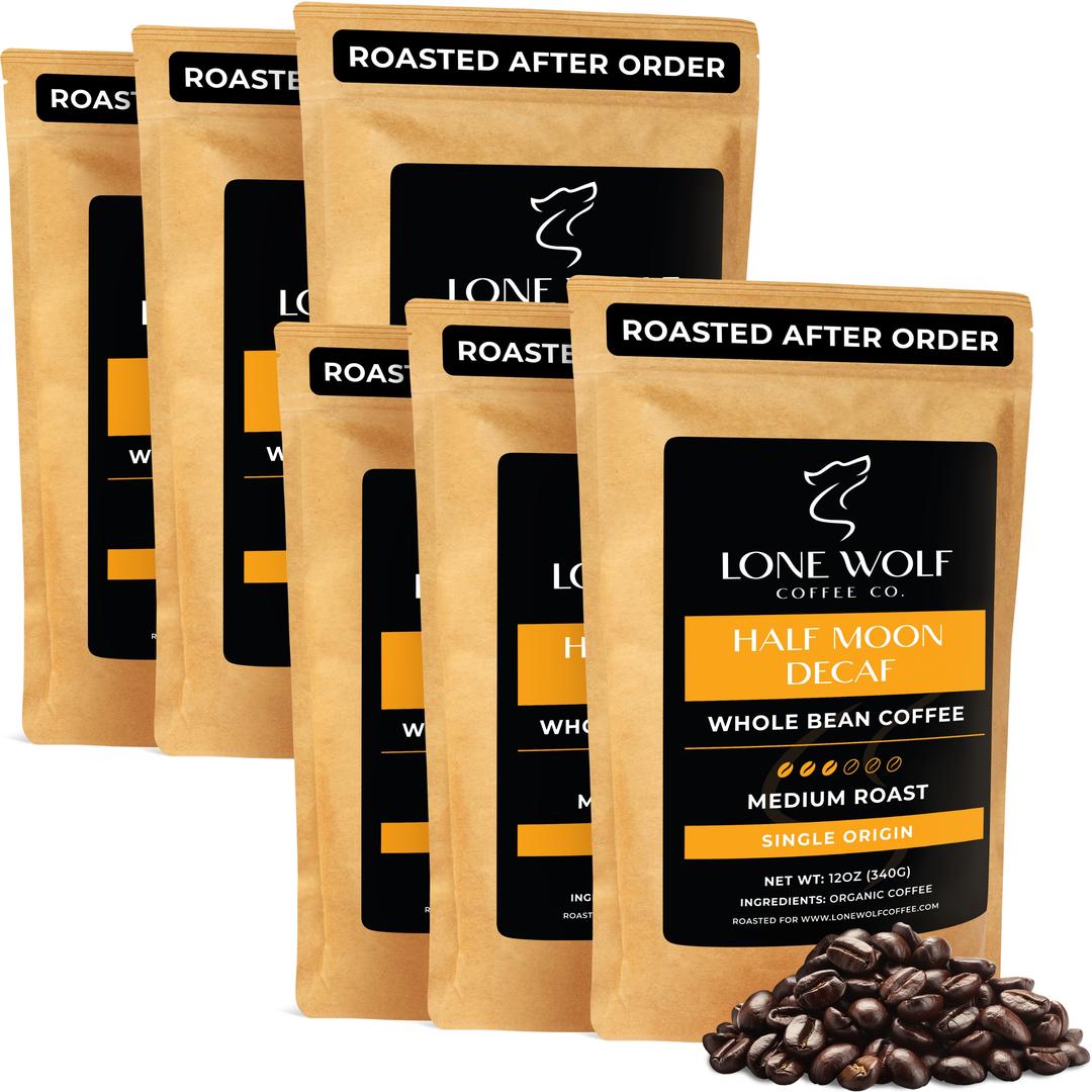 Lone Wolf Coffee - Half Moon Decaf - Medium Roast - Low Acid - 6 Bags Whole Bean Single Origin Organic Coffee